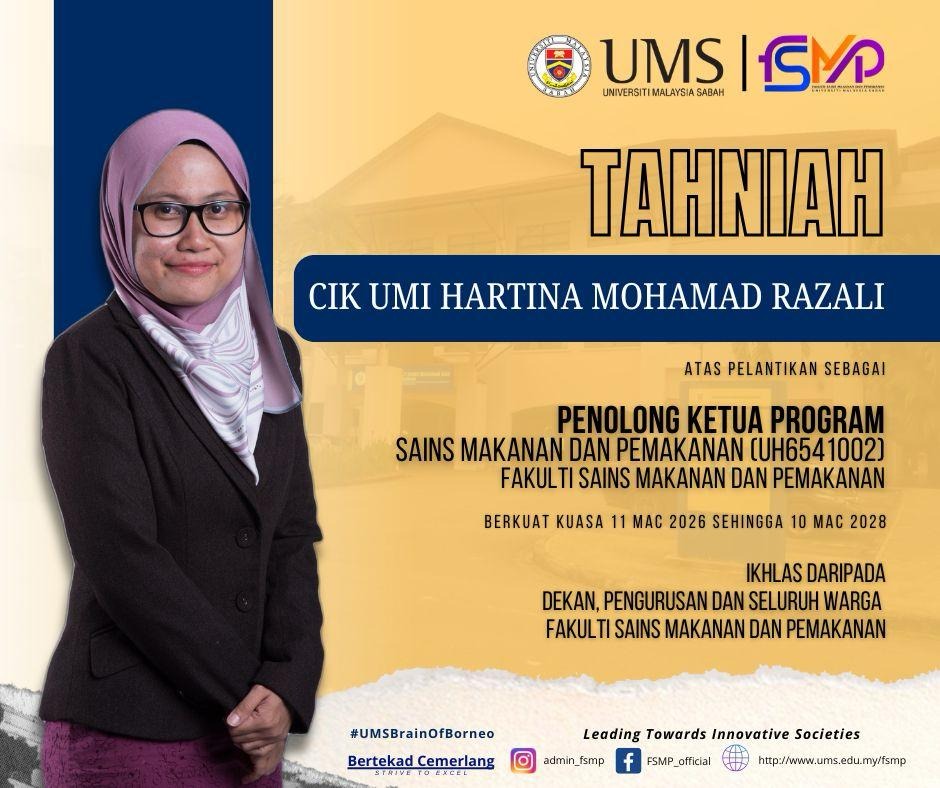 Tahniah atas Pelantikan Penolong Ketua Program Sains Makanan dan Pemakanan